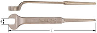 Two bronze construction wrenches with tapered pin end handles. The top wrench has an open end offset head with pin end handle, creating a right-angle bend, while the bottom wrench is straight. The bottom wrench shows measurement markings and the brand nam